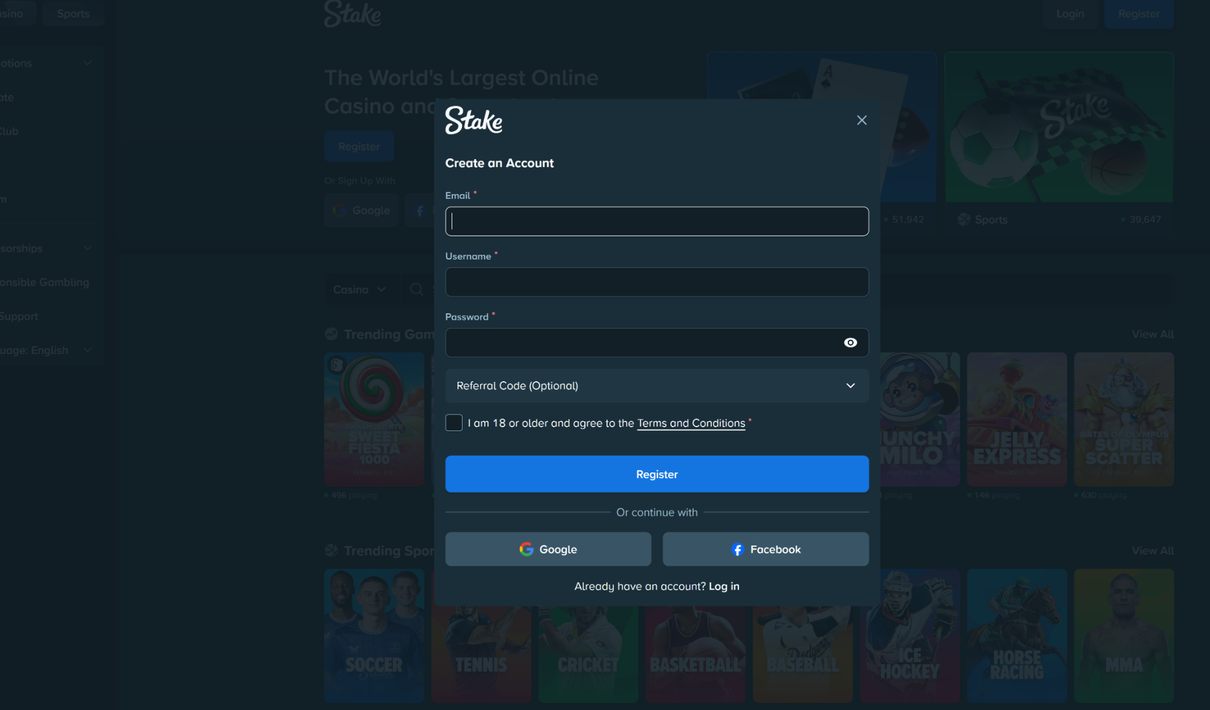 Proceso de registro en Stake.com para activar el bono de bienvenida