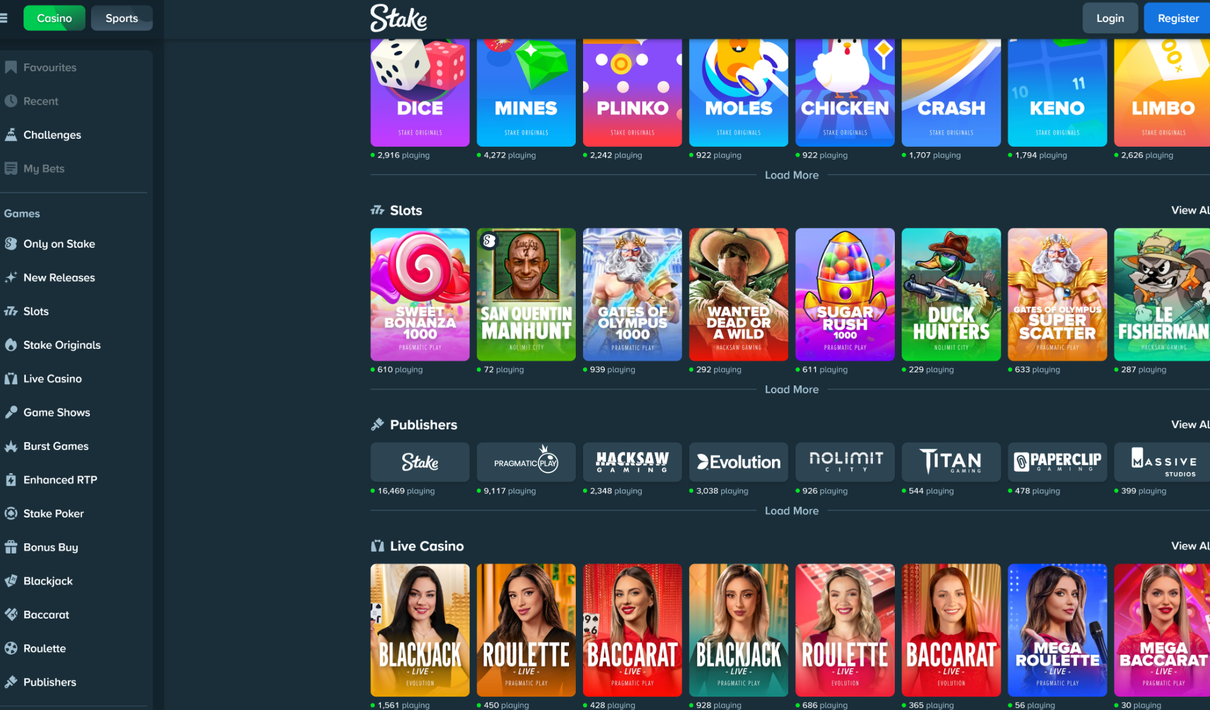 Stake.com catálogo de juegos móvil con mosaicos y filtros táctiles