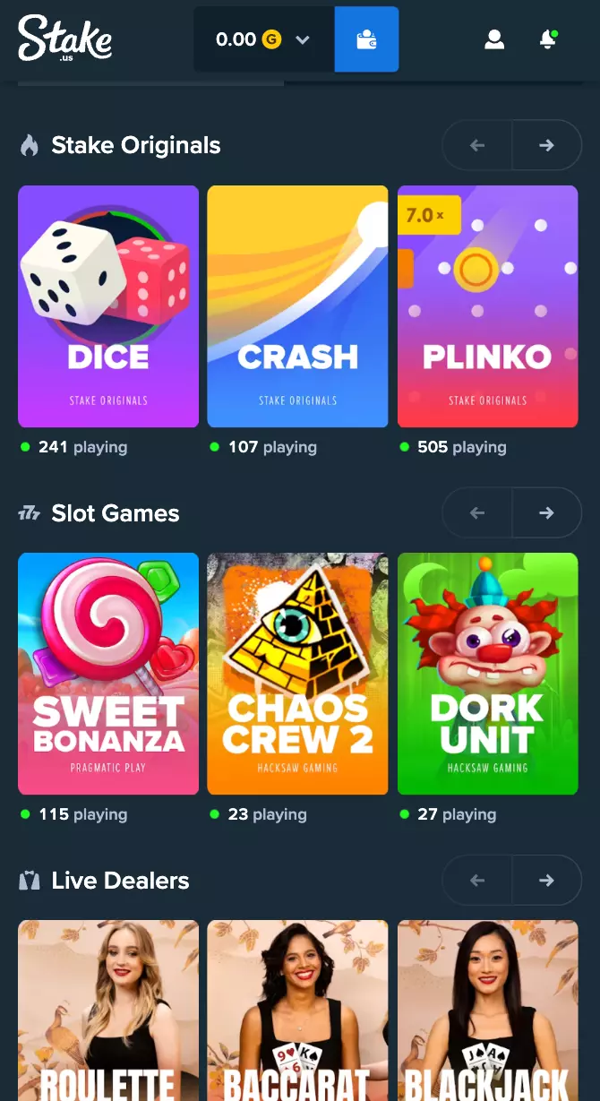 Visualización de Stake.com en Android a través del navegador con navegación táctil